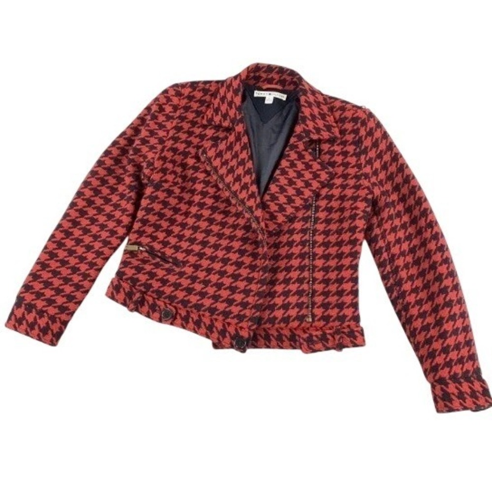 Tommy Hilfiger Womens 16 Red Navy Houndstooth Wool Blend Moto Jacket